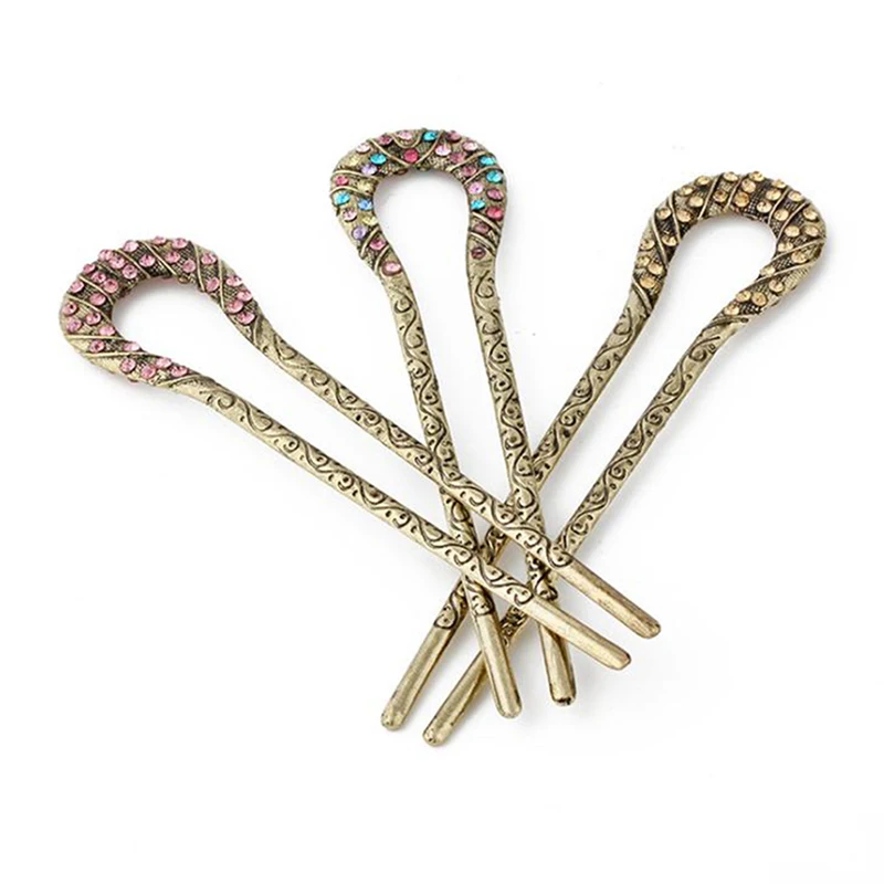 Retro Hair Jewelry Antique Bronze Sticks U Shape Hairpins Women Vertical Clip Rhinestone Flower Accessories | Украшения и
