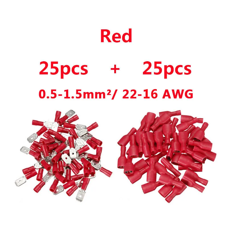 50pcs 25sets red 6.3mm 22-16 16-14 12-10AWG Female Male Electrical Wiring Connector Insulated Crimp Terminal Spade FDFD MDD1.25-250 2.5-250 5-250 - Цвет: 50pcs 25sets red