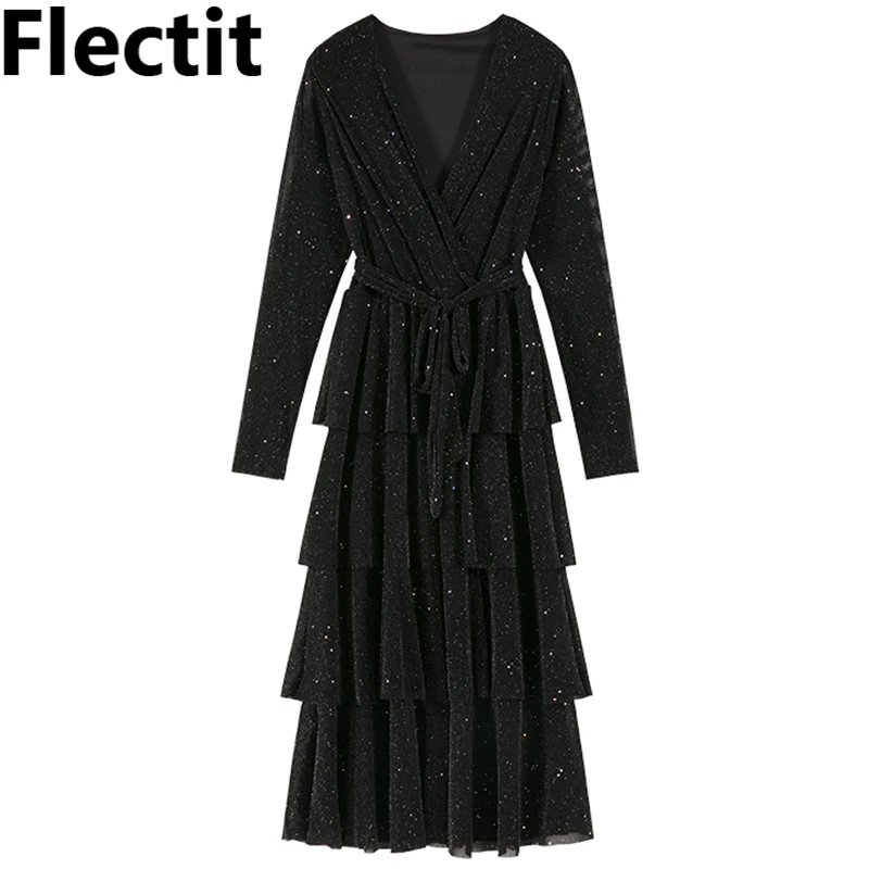 Женское Многоярусное платье миди Flectit с V образным вырезом и длинным