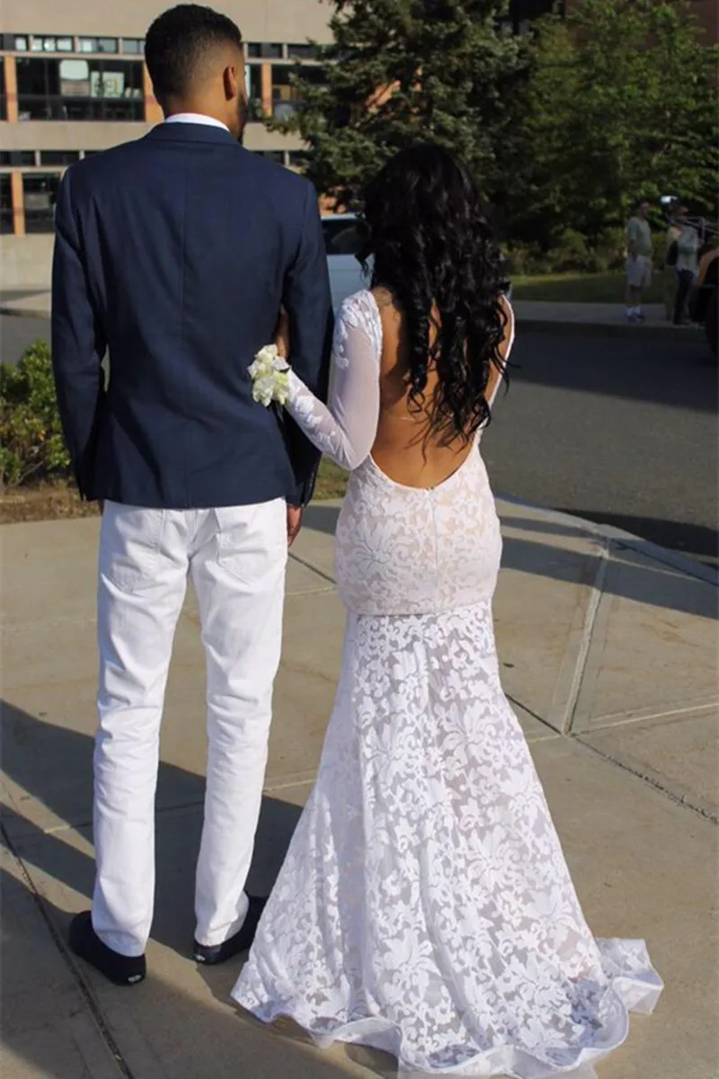 Белое сексуальное вечернее платье с открытой спиной и длинным рукавом | Свадьбы