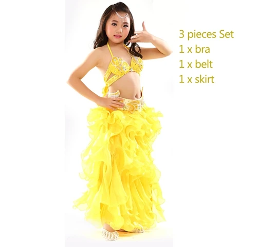 Gold bra belt skirt Детская сценическая одежда для танца живота, комплект из 3 предметов, Восточный Костюм, бюстгальтер, пояс, юбка для девочек, набор костюма для танца живота для детей - Цвет: Gold bra belt skirt