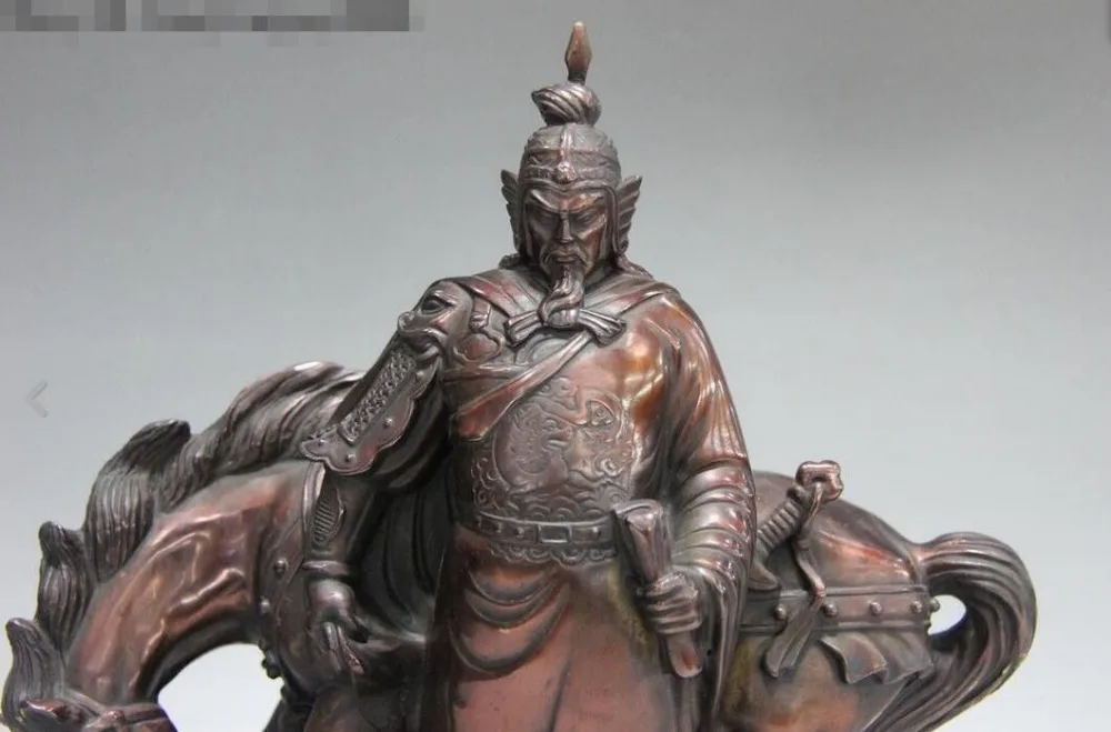 Китайская красная медь бронза Patriot Yue Fei рыцарь YueFei воин лошадь статуи | Дом и сад