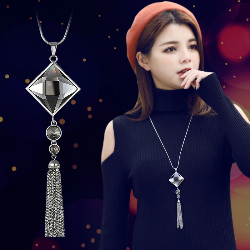 Квадратное длинное ожерелье с кристаллами и кисточками Женская цепочка