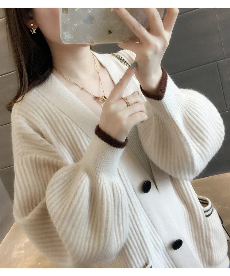 Preppy Style Loose Elastic Slim Patchwork Colors Sweater Cardigan Women Lantern Sleeve Knitted Single-breasted Outwear |