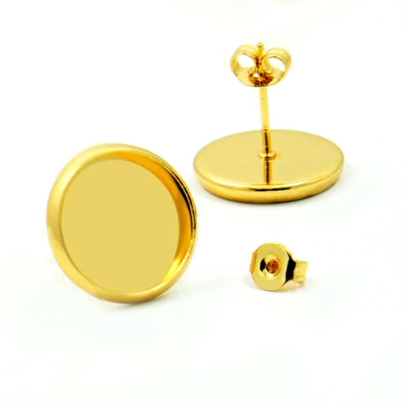 

(NO Fade) 10pcs 12mm Gold Color Copper Earring Base Studs Ear Cameo Settings Cabochon Base Tray Blank (With Back)