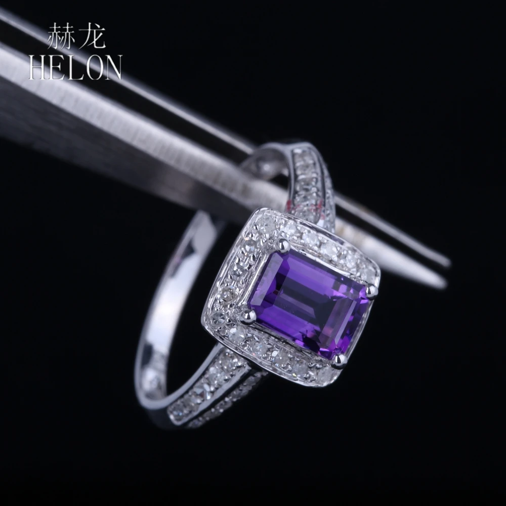 

HELON Solid 14K White Gold 7x5mm Cushion 0.99ct Natural Amethyst Ring Pave Natural Diamonds Women Noble Engagement Wedding Ring