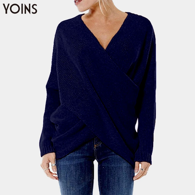 YOINS 2019 осень зима Женский свитер с v-образным вырезом и длинным рукавом Подол