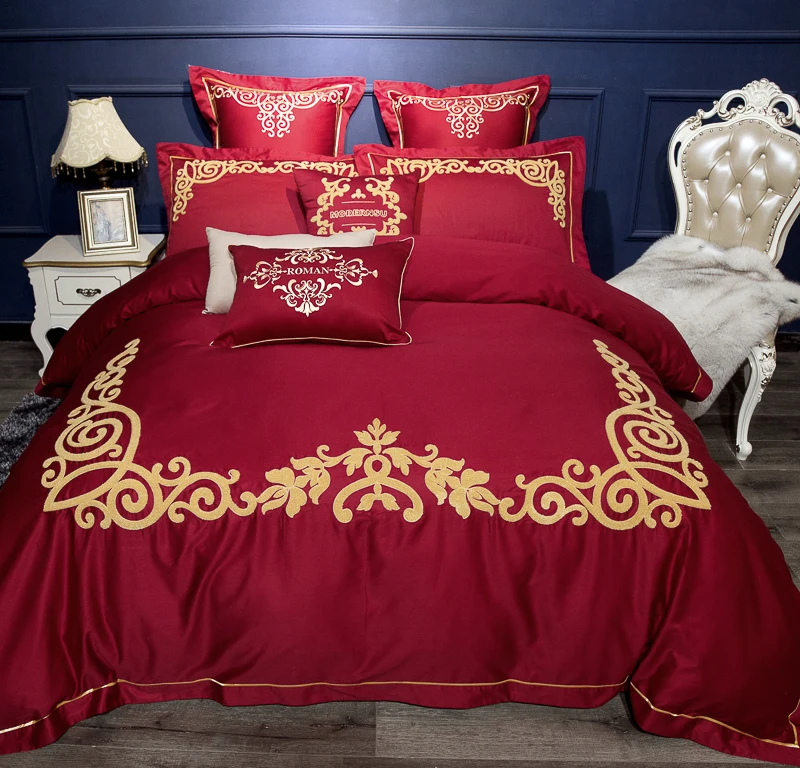 

3 Colors Gold Embroidered Luxury Wedding Bedding set 4/6Pcs King Queen size Royal Bed sheet set Duvet cover Pillow shams 38