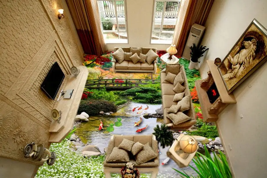 

Customize PVC vinyl flooring waterproof 3d floor stickers PVC scenery landscape wallpaper for bathroom