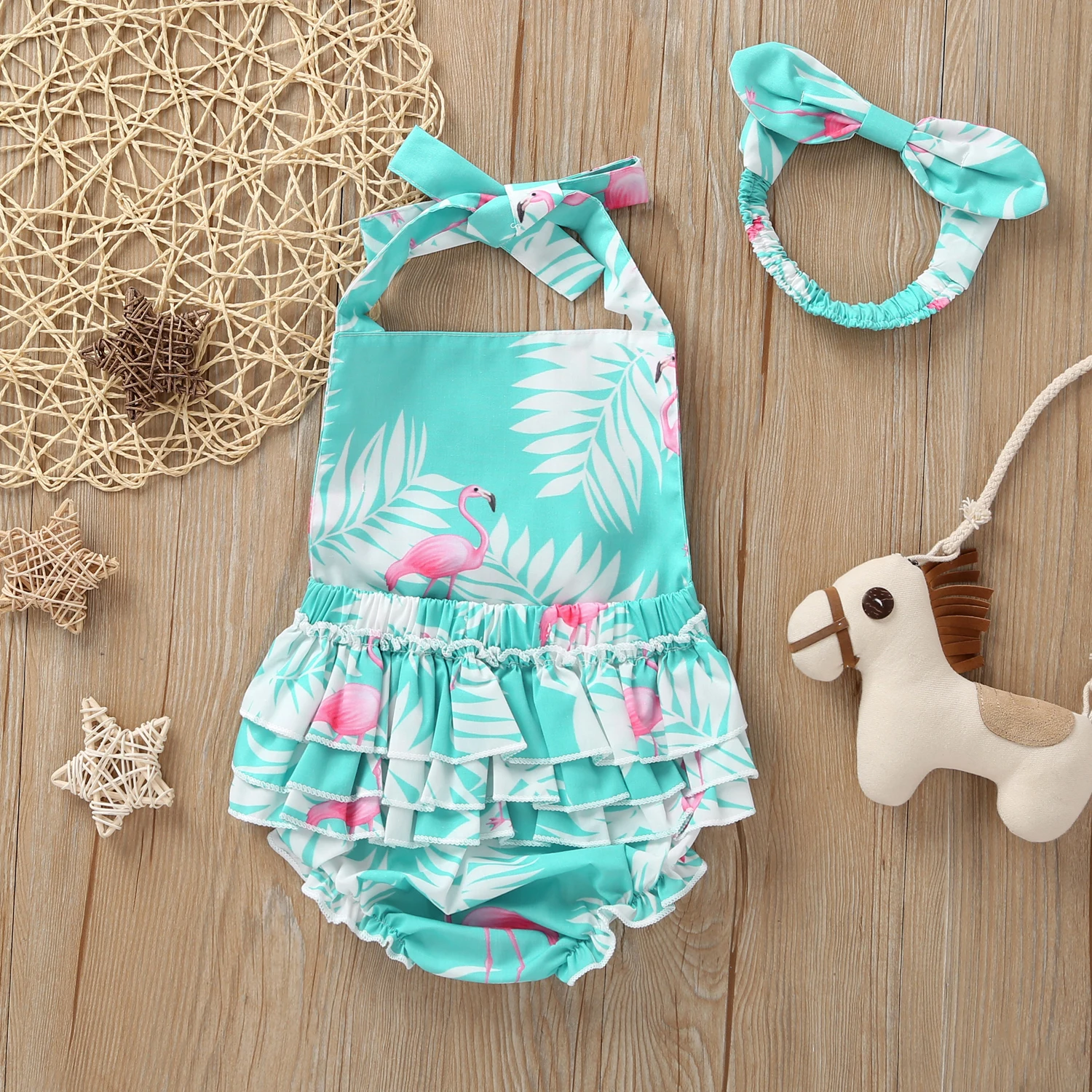 2020 боди для маленьких девочек Комбинезон с принтом Фламинго + повязка на голову