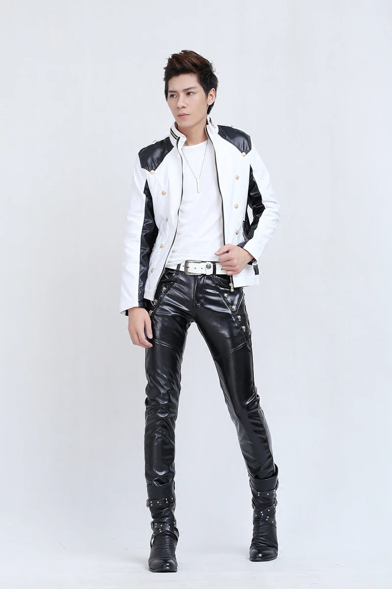 Metrosexual череп заклепки ПУ искусственная кожа брюки мужские модные леггинсы