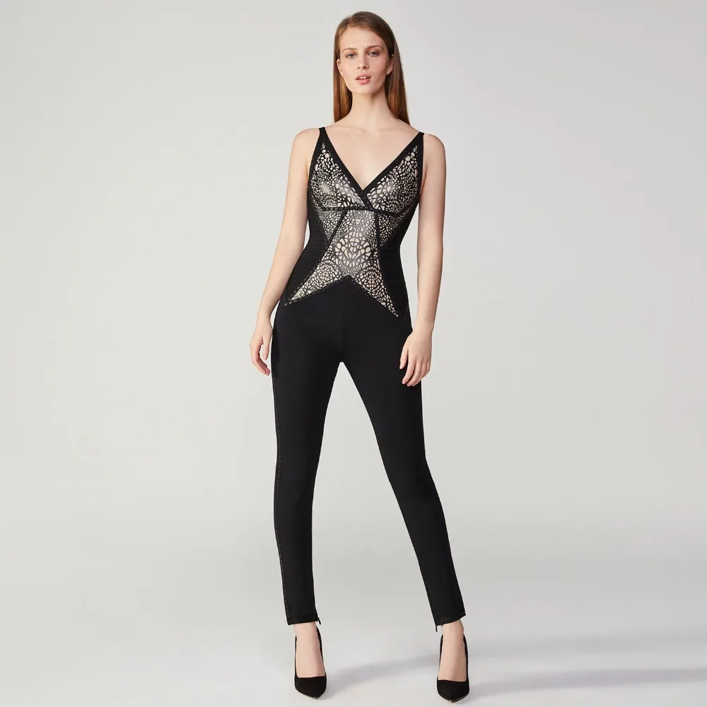 

Fashion Design Sleeveless V-neck Leopard Plastic Print Bandage Jumpsuit Black Slim Comfortable Knitted Women's Jumpsuit Daily