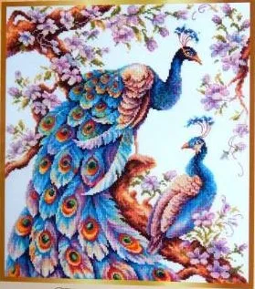 

Gold Collection Chic Counted Cross Stitch Kit Two Blue Peacocks Peacock and Baby Bird
