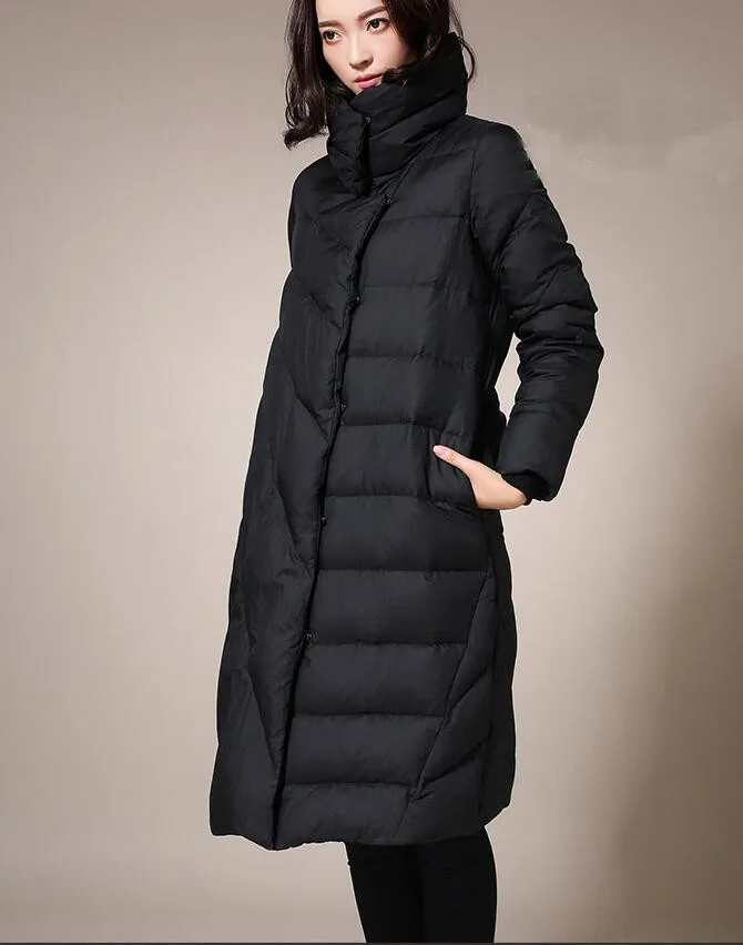 Женский зимний пуховик средней длины с высоким воротником | Женская одежда
