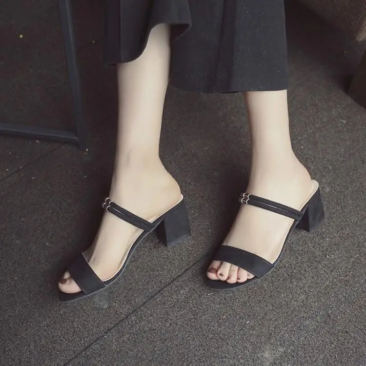 Black Grey Beige Suede Women Sandals Peep Toe Chunky Heels Zapatos De Mujer Two Narrow Band Buckle Girl Mules Slip On Slides | Обувь