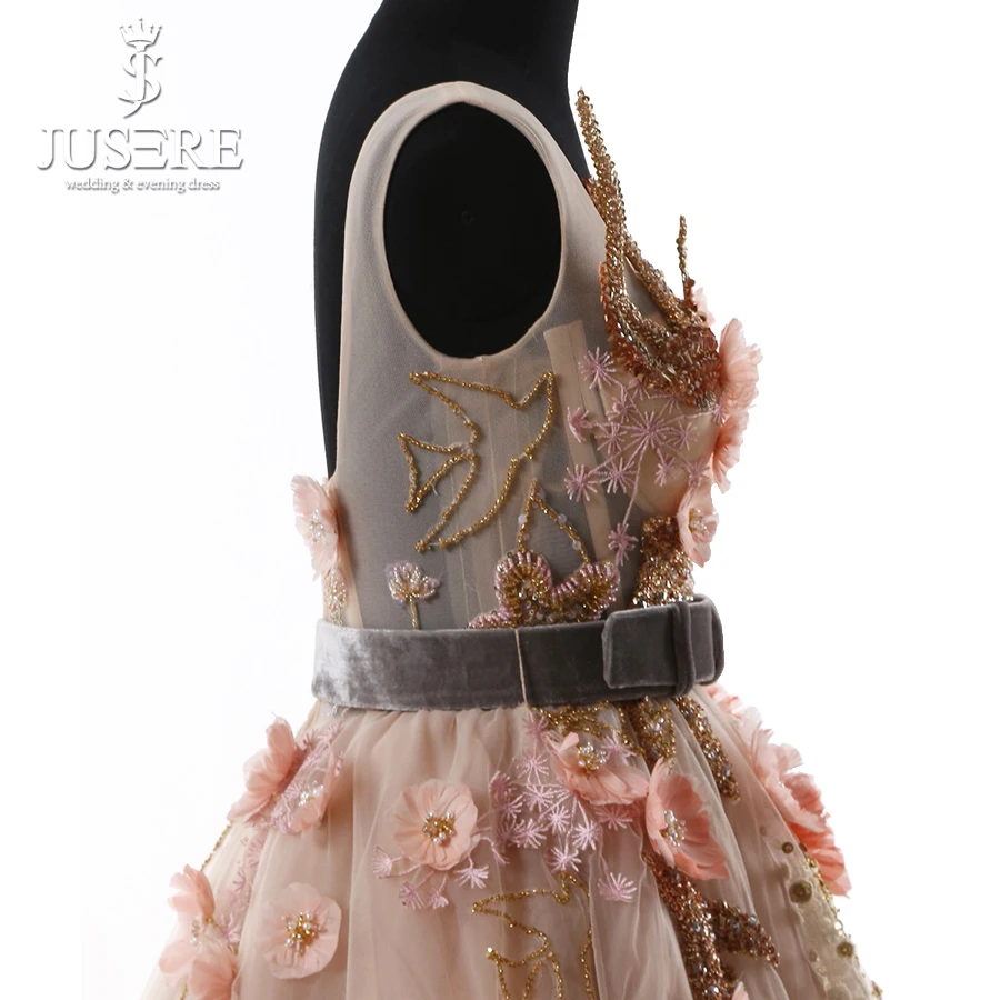 

V Neckline Seen Through Bodice Luxury Beaded Velvet Belt Champagne Tulle A line 3D Exquisite Beading Flower Evening Dress 2018