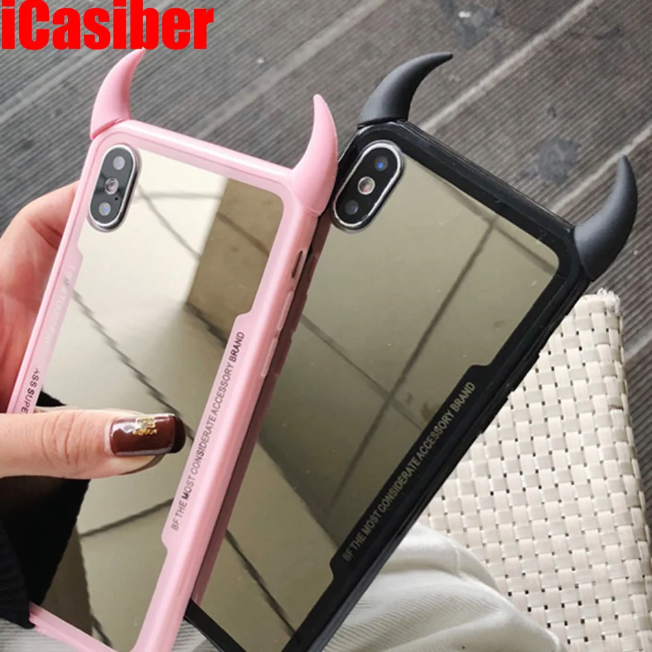 ICasiber роскошный зеркальный чехол для телефона для iPhone 7, 6, 6 S, 5, 8 Plus, милый чехол с рогом дьявола для iPhone X, XS, Max, XR, жесткий акриловый чехол на заднюю панель