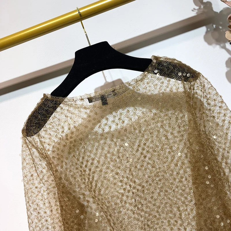 2019 летняя модная Уличная Сексуальная Прозрачная сетчатая блузка с блестками