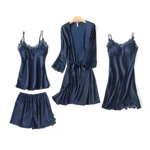 Модный женский костюм, Халат + подтяжки + топ на бретелях + шорты, Атласный пижамный комплект из 4 предметов, сексуальная женская пижама, кружевная ночная рубашка, Homewea