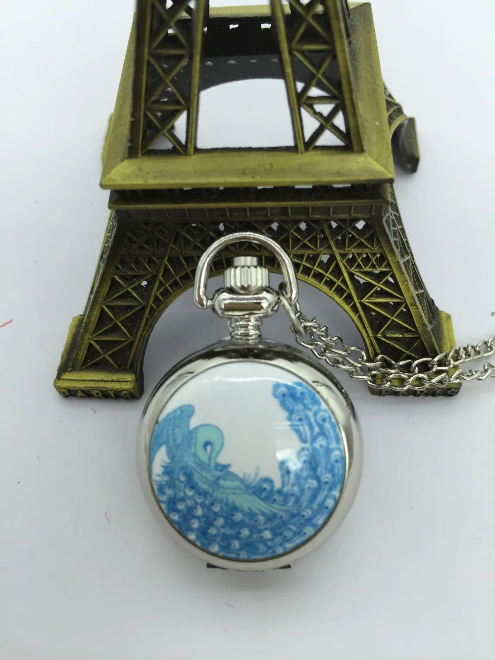 

New Fashion quartz peacock silver Flip clock mirror pendant Pocket watch necklace woman and girl gift