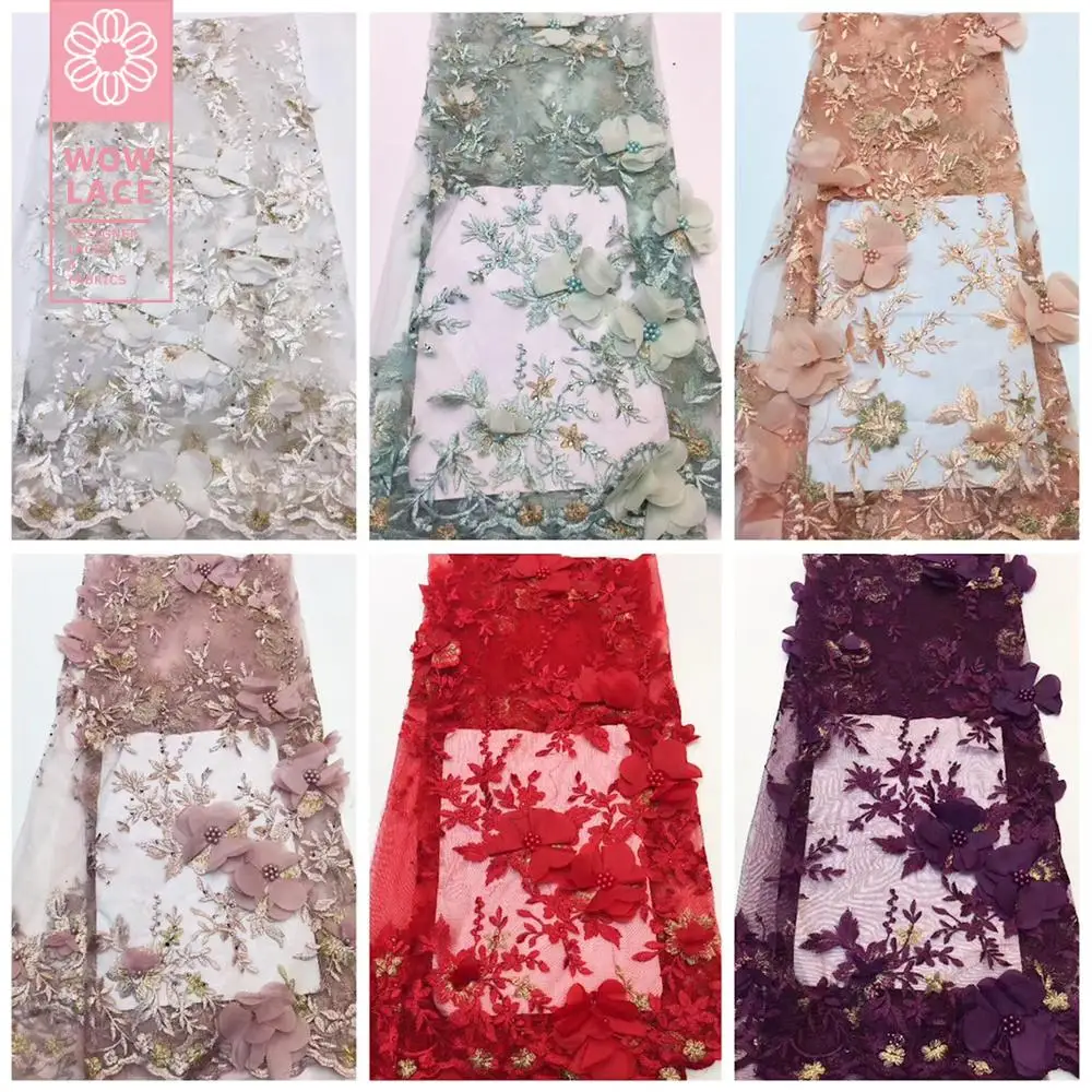 

Stones And Beaded Lace Fabric French 3D Flower Applique India Embroidered Guipure Rhinestones Guinean Wedding Dress Tulle Laces