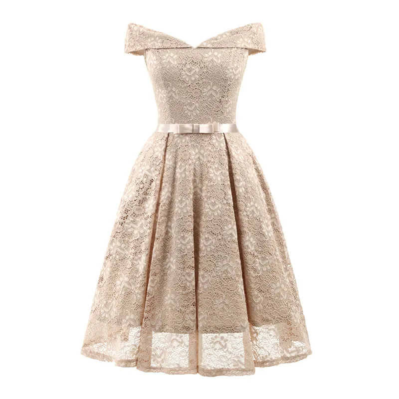 

2019 Women's Vintage Off Shoulder Slash Neck Bow Belt Floral Lace Wedding Party Dress Bridesmaids A Line Dresses Vestido festa
