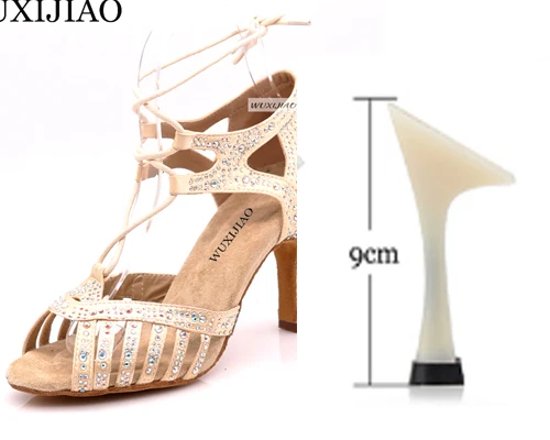 Beige heel 9cm WUXIJIAO Новые бежевые и черные атласные Сальса Обувь для танцев мягкая подошва Латинской кизомба Танго бальных танцевальные туфли, каблук 6/7. 5/8. 5/10 см - Цвет: Beige heel 9cm