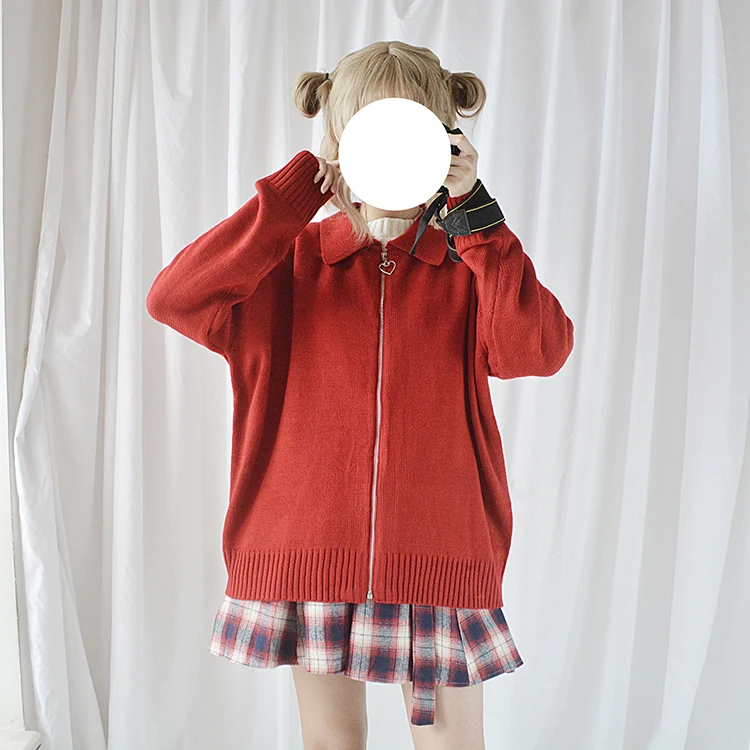Cute Pure Color Heart Zipper Women's Sweater Preppy Style Long Sleeve Turn Down Collar Knitted Cardigan Teen Girls Sweaters 2018 |