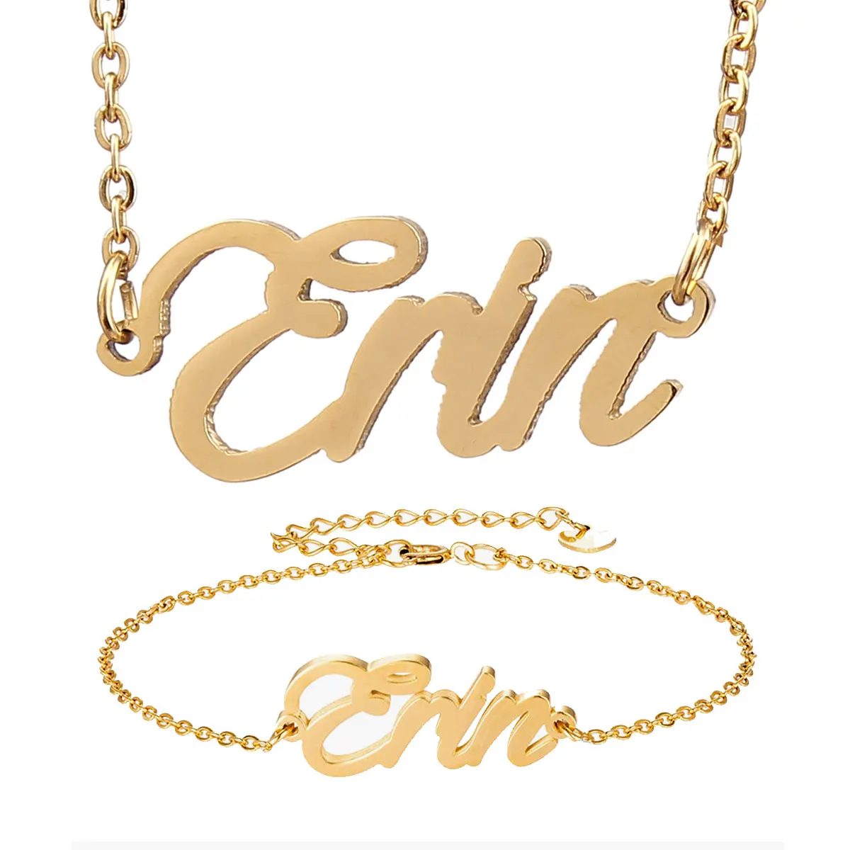 

Fashion Stainless Steel Name Necklace + Bracelet Set " Erin " Script Letter Gold Choker Chain Necklace Pendant Nameplate Gift