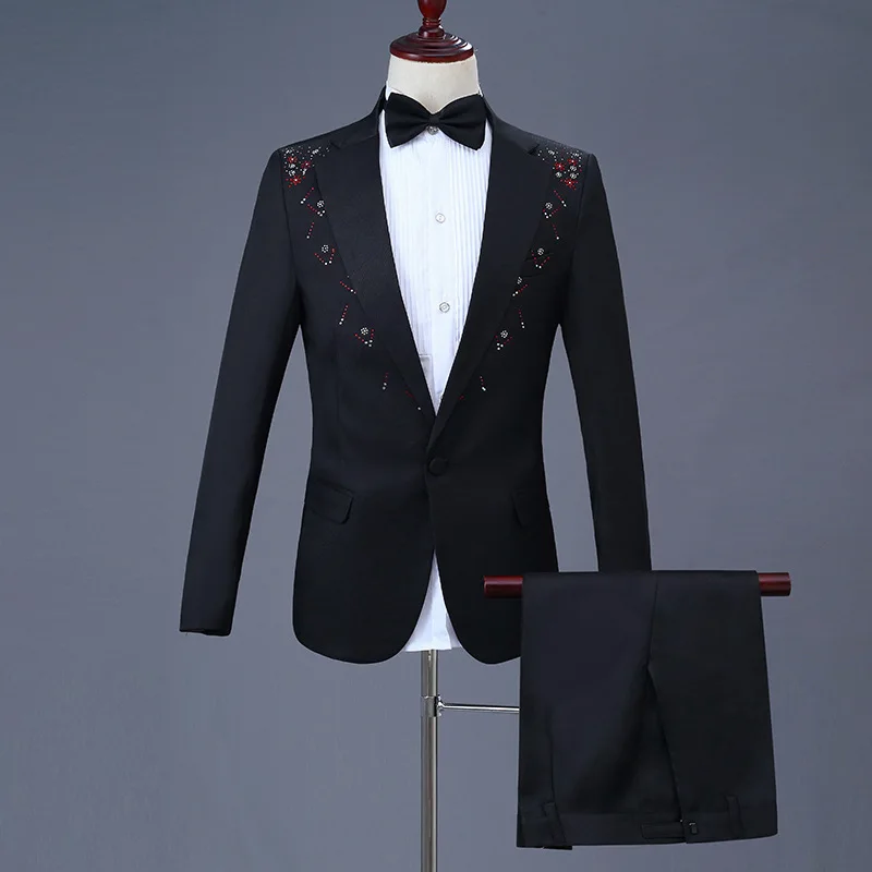 

Men's suit men's black stick diamond single button suit two-piece suit (jacket + pants) quality wedding groom groomsmen dress