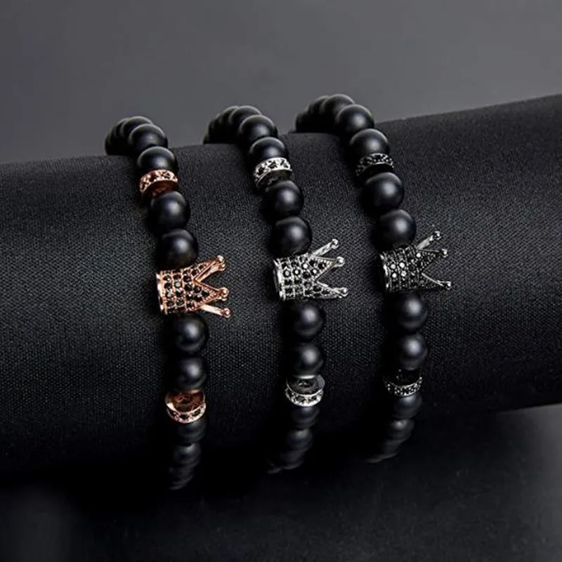Black Matte Beads Bracelets 8mm Onyx Stone Sets Charm King Crown for Women Men Jewelry pulseras mujer para hombre | Украшения и