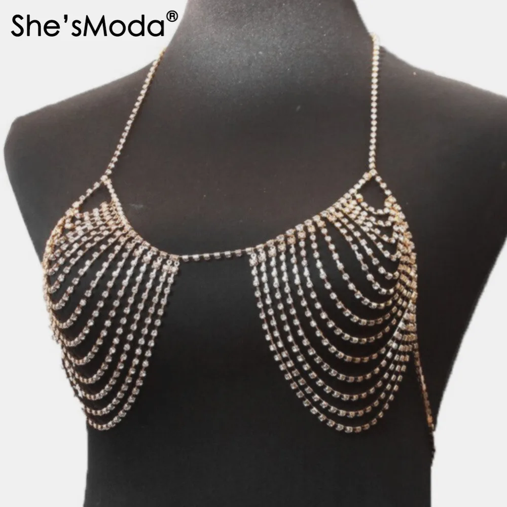 Сексуальное украшение She'sModa со стразами бюстгальтер на цепочке лиф из