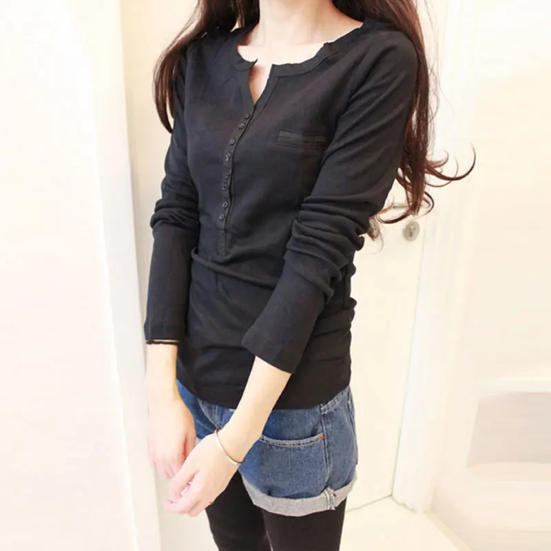 Женская Футболка Для Весна 2017 Новая Мода Полный Рукав V-образным Вырезом черный