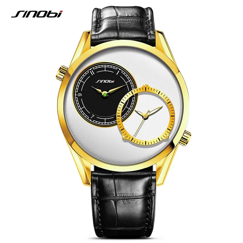 Sinobi Роскошные Брендовые мужские золотые часы с кожаным ремешком Двойные