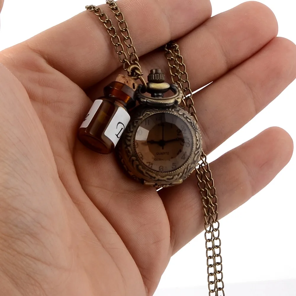 Винтажные стеклянные карманные часы Alice In Wonderland Drink Me Bottle темно-коричневого цвета с откидной крышкой, кварцевые часы для женщин, подарок для девушек, ожерелье в стиле стимпанк