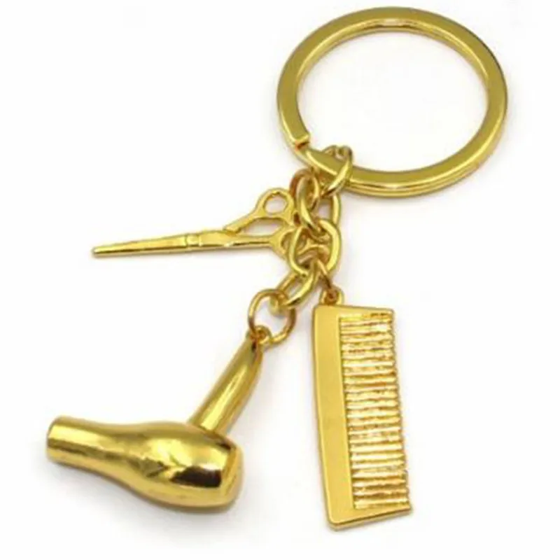

1 PC Creative Jewelry Gold Color Keyring Key Ring Hair Dryer/Scissor/Comb Pendants Keychain Ornaments Tools