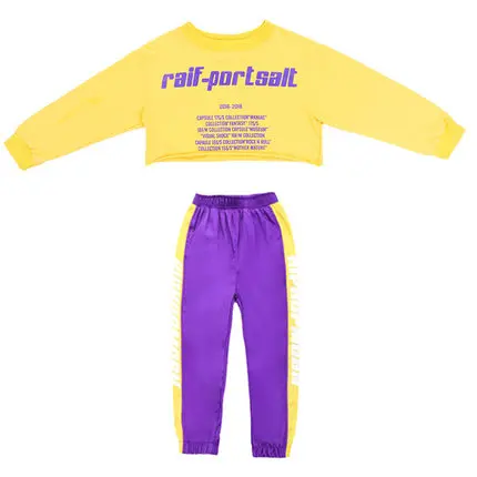 Yellow Purple Suit Midriff-baring/укороченная Толстовка костюм со штанами для бега детская одежда в стиле хип-хоп джазовая одежда костюмы для уличных танцев для девочек - Цвет: Yellow Purple Suit