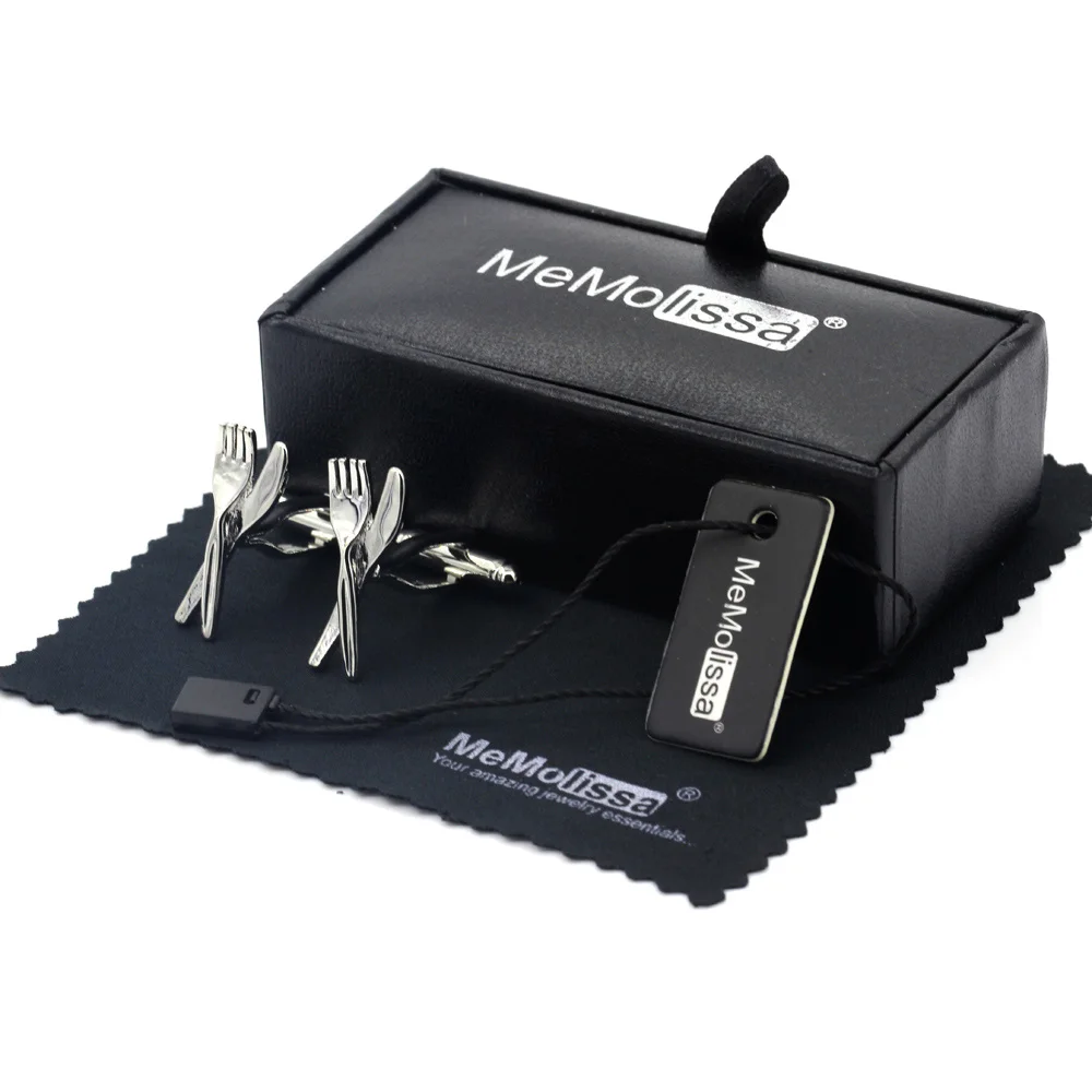 

MeMolissa Display Box Trendy Tableware Knives and Forks Design Cufflinks for Men Shirt Cufflink Gemelos Tag & Wipe Cloth
