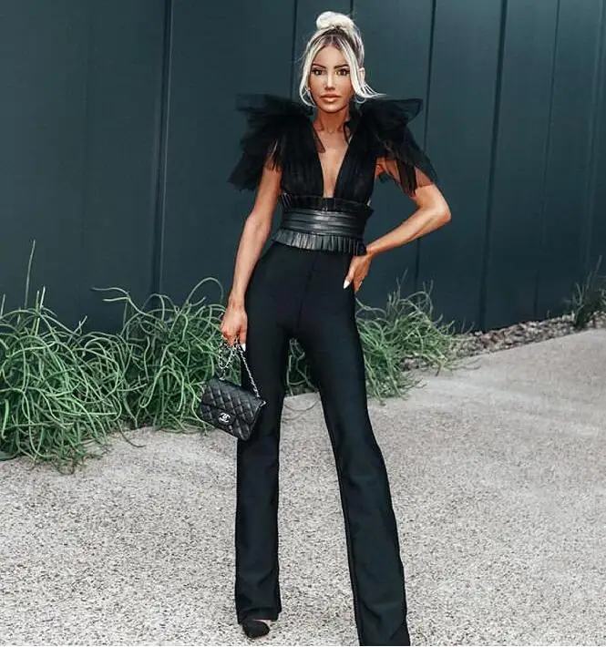 Новый сексуальный черно-белый бандажный комбинезон с v-образным вырезом