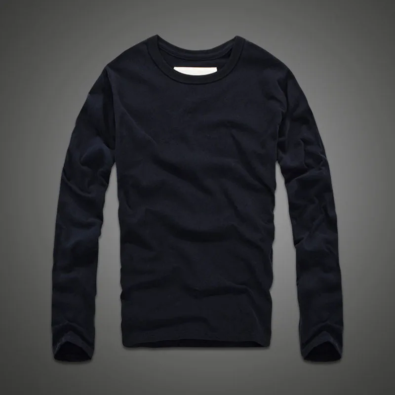 Мужская Однотонная футболка с круглым вырезом и длинным рукавом|Мужские