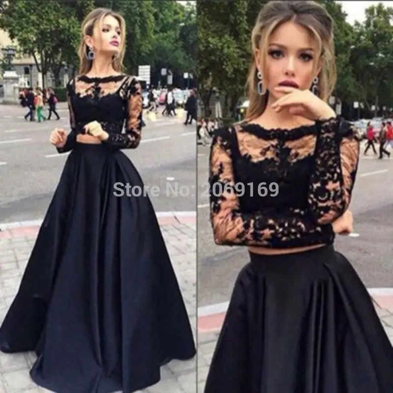 

New Arrival 2020 Hot Sale Scoop Neck Long Sleeves Black Satin Prom Dress Custom Made Appliques Long Dress Floor Length