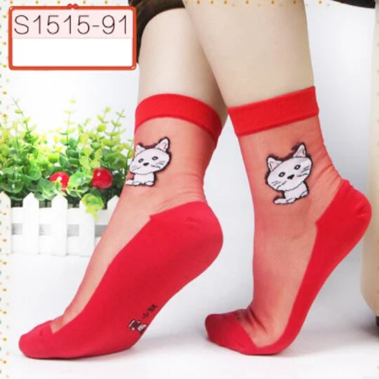 Red plutus cat VISNXGI, 1 пара, женские кружевные носки до лодыжки, мягкие удобные прозрачные шелковые хлопковые эластичные сетчатые вязаные прозрачные женские носки с оборкой - Цвет: Red plutus cat