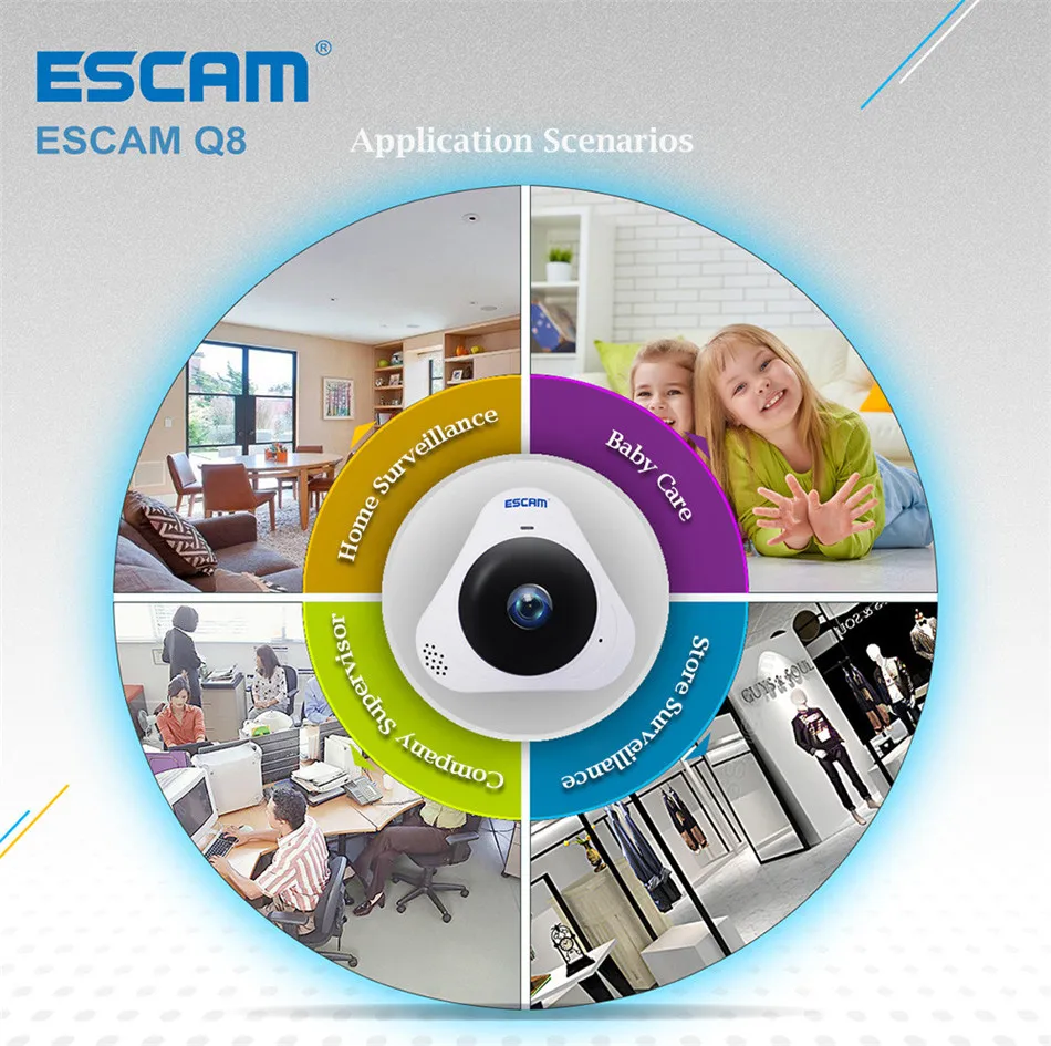 ESCAM Q8 360 градусов панорамная WiFi ip-камера 960 P Рыбий глаз объектив инфракрасная камера VR камера с двухсторонним аудио/детектор движения
