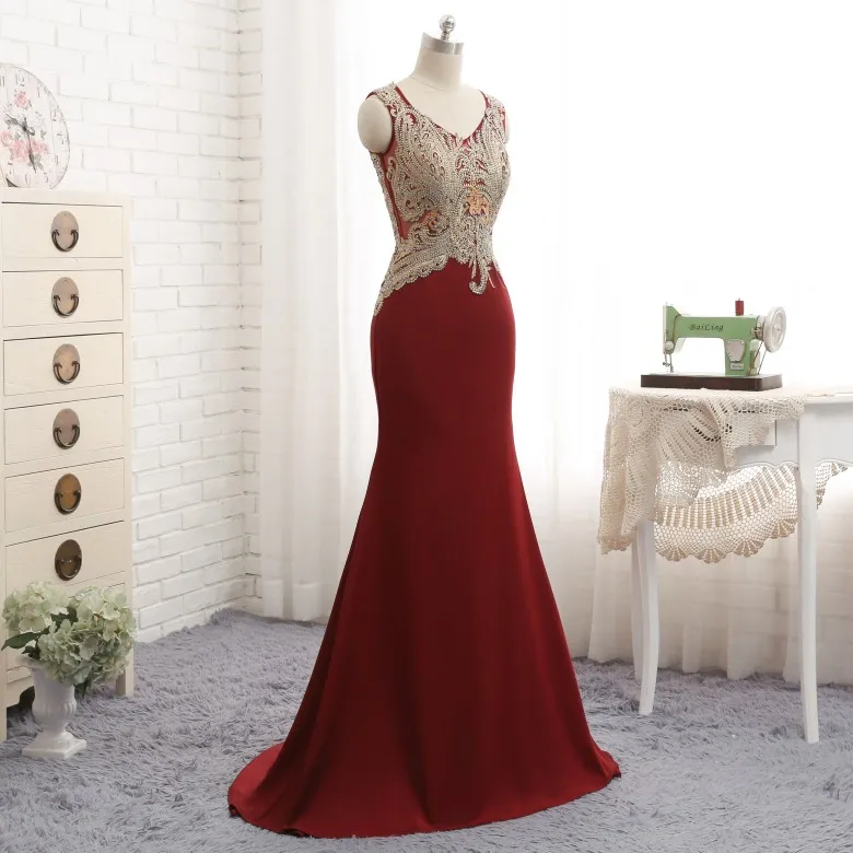 Элегантное темно-красное вечернее платье длинная бисерная аппликация для