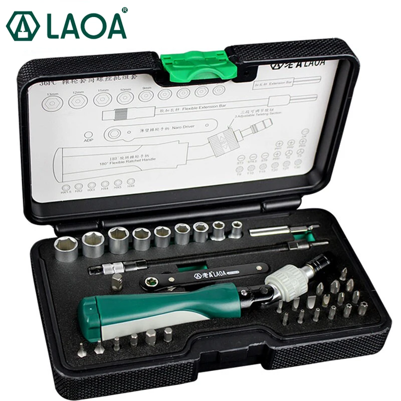 LAOA 36pcs Ratchet Screwdriver Sets S2 Bit Hex Slotted Phillips Y-shaped Pentacle Torx Bits Hand Tools pdr Kit Outillage