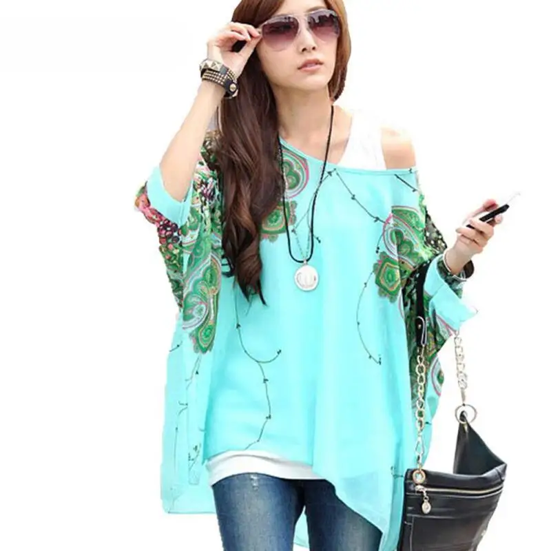 Пикантные женские шифоновые блузки печати на одно плечо перекос шеи свободные