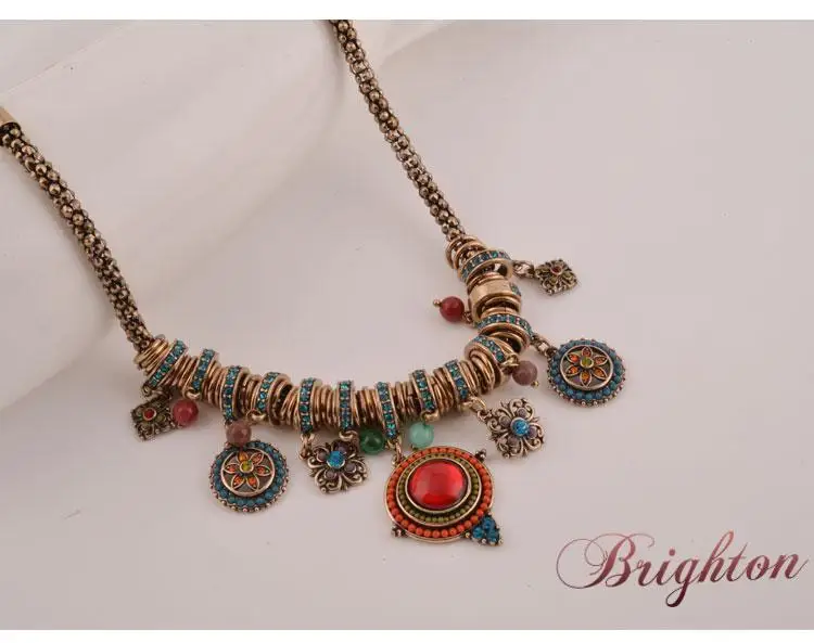 2015 New Retro jewelry gold plated colourful resin stone&beads pendant bohemian style vintage women statement necklace K13908|necklace with cross