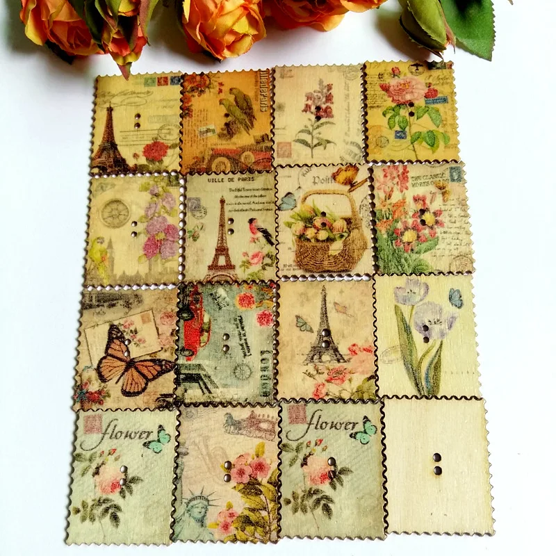 

80PCS 30*38MM Random mixed Vintage Style TowerHouse Stamp Wood Buttons 2 Holes Stamp Shape Pattern
