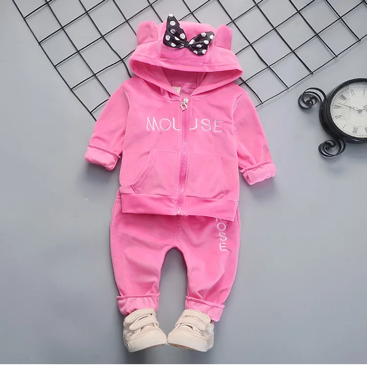 LF zimu Rose Осенне-зимние детские комплекты одежды для маленьких девочек Детская Повседневная Вельветовая куртка с капюшоном и бантиком, штаны спортивные костюмы для малышей, одежда - Цвет: LF zimu Rose