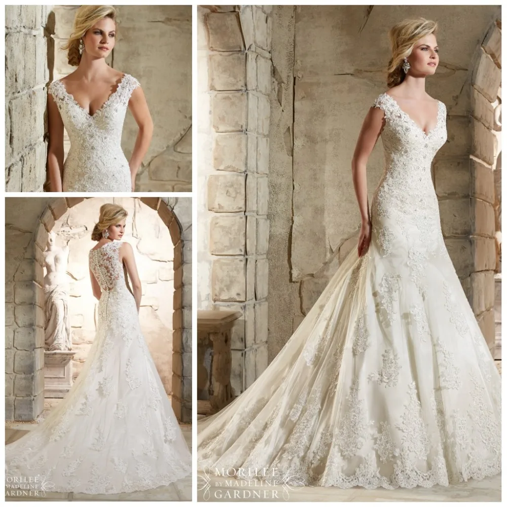 2015 новое поступление кружева свадебные платья V шеи шапки-рукава элегантный